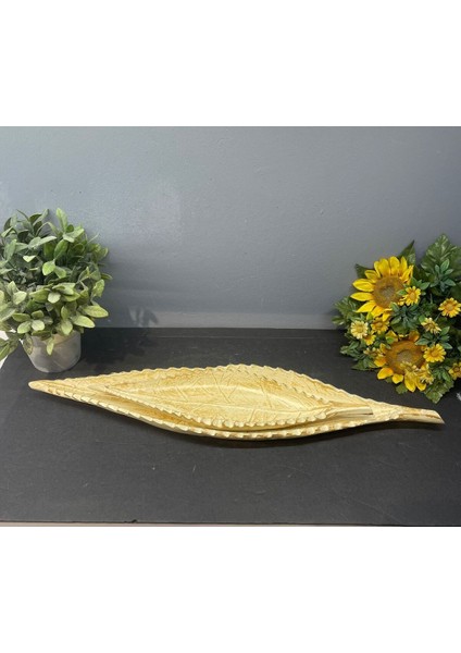Dekoratif Polyester Ikili Uzun Yaprak Sunumluk Krem Gold Eskitme