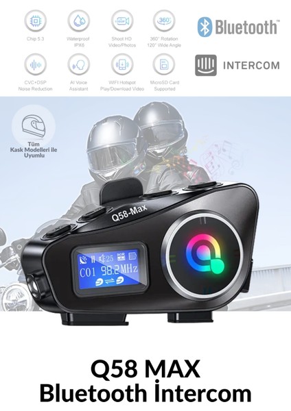 Q58 Max LED Ekranlı Motosiklet Kask Uyumlu Kulaklık Intercom LED Işıklı Kask Bluetooth Kulaklık