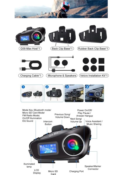 Q58 Max LED Ekranlı Motosiklet Kask Uyumlu Kulaklık Intercom LED Işıklı Kask Bluetooth Kulaklık