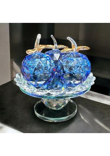 Dekoratif Kristal Cam Ayaklı Üçlü Elma Koyu Mavi