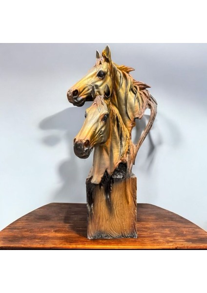 Dekoratif Polyester Ikili At Başı Heykeli Kahve-Gold 63X30 cm