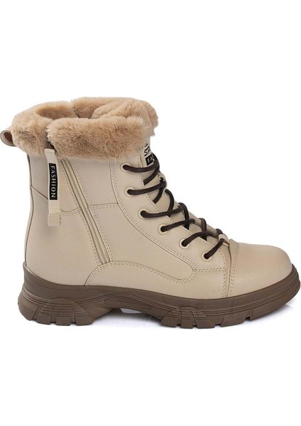 Çocuk Günlük Içi Kürklü Bağcıklı Fermuarlı Rahat Bot - Krem - 33