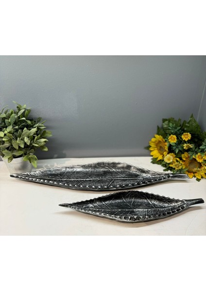 Dekoratif Polyester Ikili Uzun Yaprak Sunumluk Gümüş Siyah Eskitme