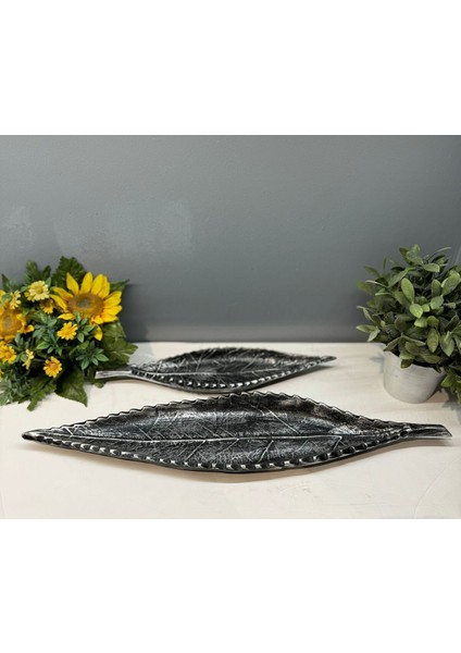 Dekoratif Polyester Ikili Uzun Yaprak Sunumluk Gümüş Siyah Eskitme modelleri