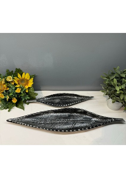 Dekoratif Polyester Ikili Uzun Yaprak Sunumluk Gümüş Siyah Eskitme