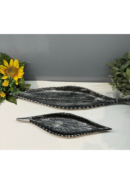 Dekoratif Polyester Ikili Uzun Yaprak Sunumluk Gümüş Siyah Eskitme