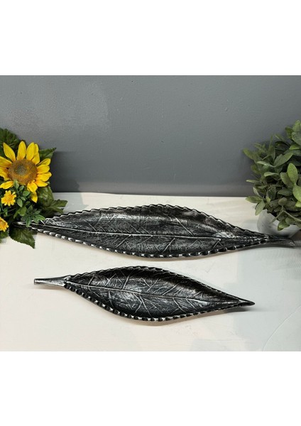 Dekoratif Polyester Ikili Uzun Yaprak Sunumluk Gümüş Siyah Eskitme