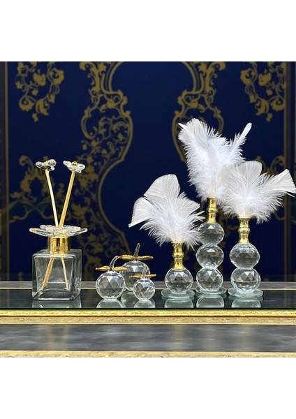 Dekoratif Kristal 10 Parça Üçlü Elma-Üçlü Tüy-Koku Şişesi Beyaz-Gold