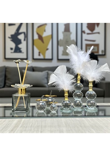Dekoratif Kristal 10 Parça Üçlü Elma-Üçlü Tüy-Koku Şişesi Beyaz-Gold modelleri
