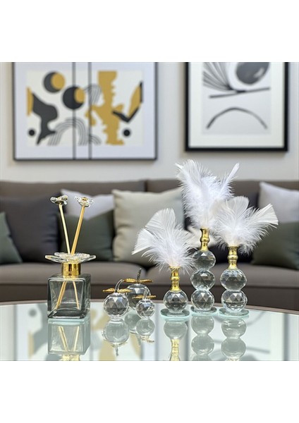 Dekoratif Kristal 10 Parça Üçlü Elma-Üçlü Tüy-Koku Şişesi Beyaz-Gold