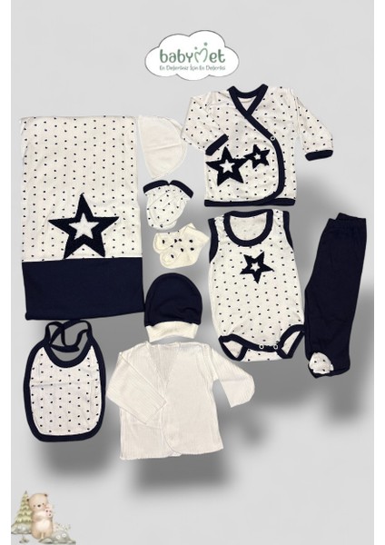 %100 Pamuk 10 Parça Yenidoğan Hastane Çıkış Seti – Yıldız Nakışlı Doğal