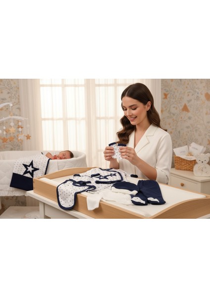 %100 Pamuk 10 Parça Yenidoğan Hastane Çıkış Seti – Yıldız Nakışlı Doğal