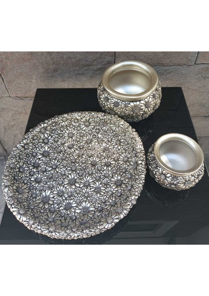Dekoratif Polyester Üçlü Tabaklı Papatyalı Vazo Seti Gümüş fiyatları