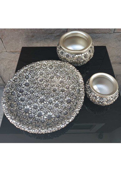 Dekoratif Polyester Üçlü Tabaklı Papatyalı Vazo Seti Gümüş modelleri