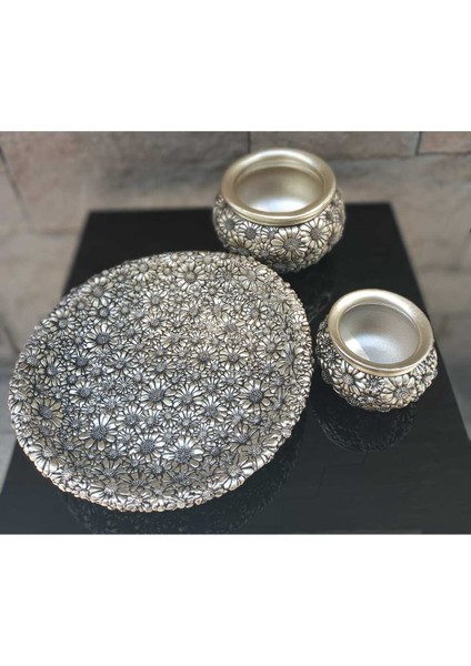 Dekoratif Polyester Üçlü Tabaklı Papatyalı Vazo Seti Gümüş fırsatları