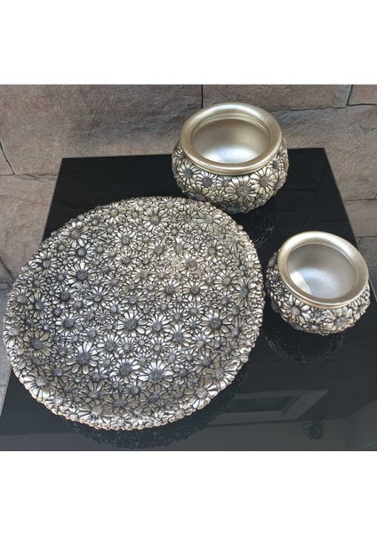 Dekoratif Polyester Üçlü Tabaklı Papatyalı Vazo Seti Gümüş indirimleri