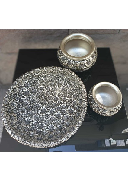 Dekoratif Polyester Üçlü Tabaklı Papatyalı Vazo Seti Gümüş