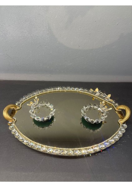 Dekoratif Kristal Cam Ayna Oval Sunum Tepsisi Gold