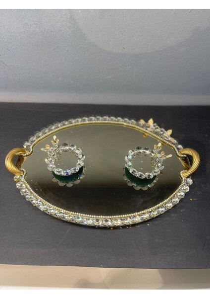 Dekoratif Kristal Cam Ayna Oval Sunum Tepsisi Gold fiyatları