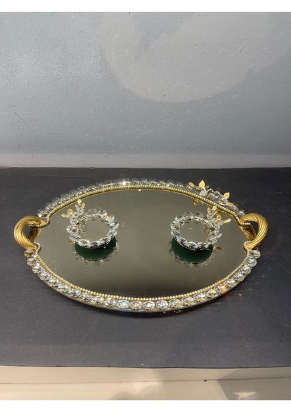 Dekoratif Kristal Cam Ayna Oval Sunum Tepsisi Gold modelleri