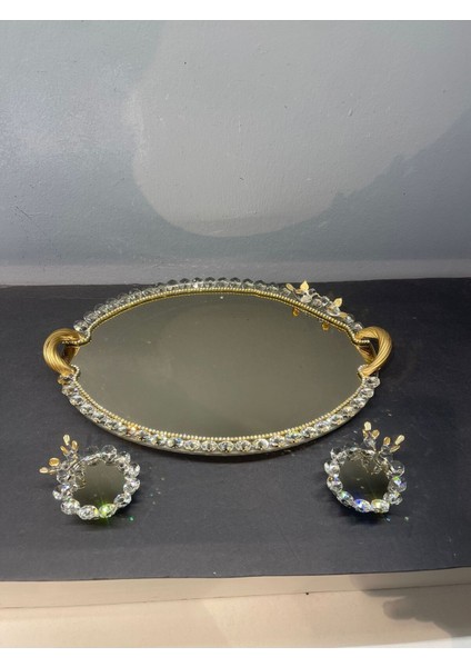 Dekoratif Kristal Cam Ayna Oval Sunum Tepsisi Gold fırsatları
