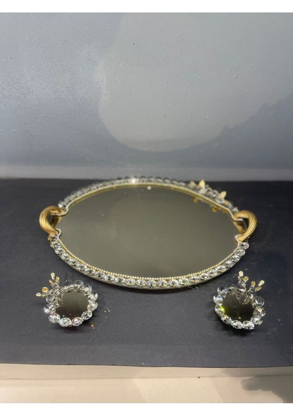 Dekoratif Kristal Cam Ayna Oval Sunum Tepsisi Gold indirimleri