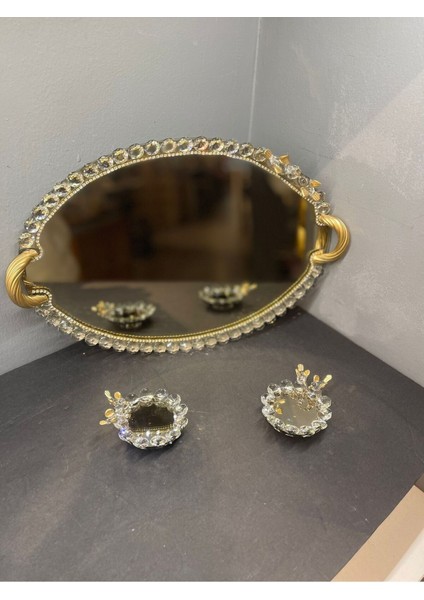 Dekoratif Kristal Cam Ayna Oval Sunum Tepsisi Gold