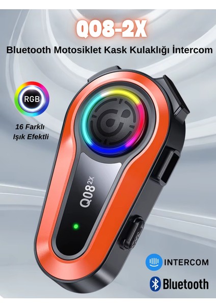 Q08-2X Rgb Işık Efektli Intercom Bluetooth Motosiklet Kask Kulaklığı Intercom Kulaklık