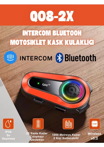 Q08-2X Rgb Işık Efektli Intercom Bluetooth Motosiklet Kask Kulaklığı Intercom Kulaklık indirimleri