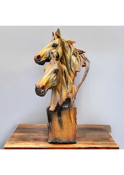 Dekoratif Polyester Ikili At Başı Heykeli Kahve-Gold 63X30 cm modelleri