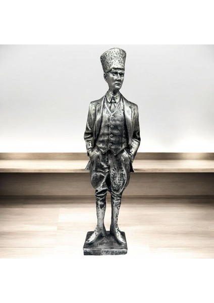 Dekoratif Polyester Atatürk Heykeli 46 cm Gümüş Eskitme