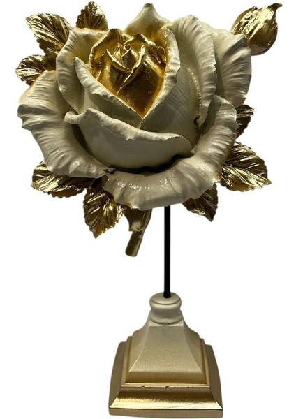 Dekoratif Polyester Tekli Dik Gül Çiçek Krem Gold Eskitme