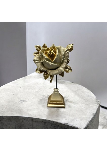 Dekoratif Polyester Tekli Dik Gül Çiçek Krem Gold Eskitme