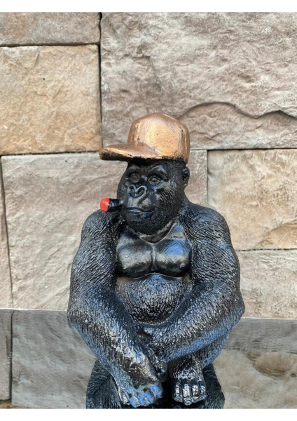 Dekoratif Polyester Tekli Oturan Goril Hediyelik Biblo Siyah Bakır