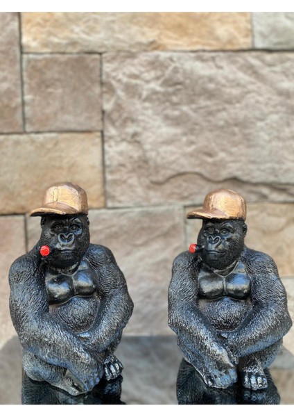 Dekoratif Polyester Tekli Oturan Goril Hediyelik Biblo Siyah Bakır