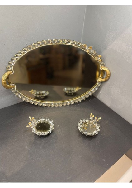 Dekoratif Kristal Cam Ayna Oval Sunum Tepsisi Gold