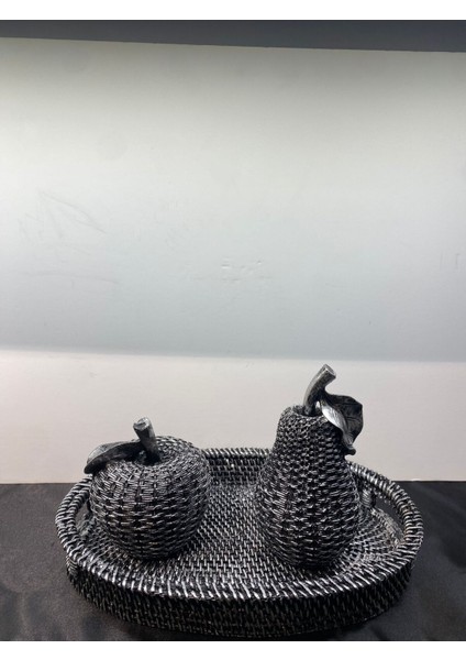 Dekoratif Polyester Üçlü Elma-Armut-Tepsi Set Gümüş Siyah Eskitme