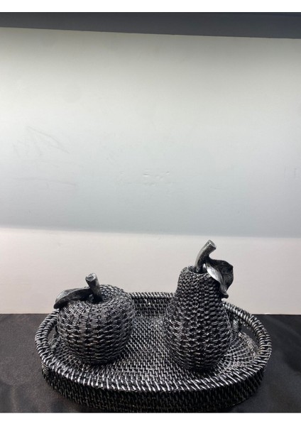 Dekoratif Polyester Üçlü Elma-Armut-Tepsi Set Gümüş Siyah Eskitme fiyatları