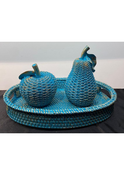 Dekoratif Polyester Üçlü Elma-Armut-Tepsi Set Gümüş Siyah Eskitme fırsatları