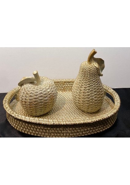 Dekoratif Polyester Üçlü Elma-Armut-Tepsi Set Gümüş Siyah Eskitme indirimleri