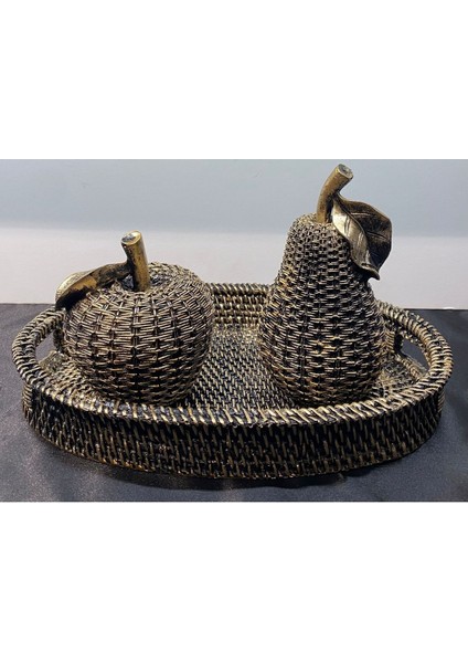 Dekoratif Polyester Üçlü Elma-Armut-Tepsi Set Gümüş Siyah Eskitme