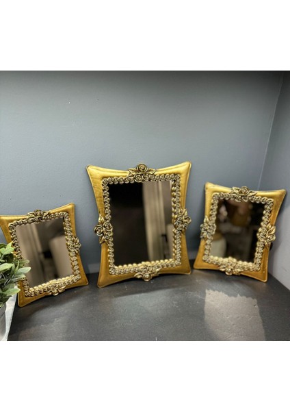 Dekoratif Polyester Üçlü Kare Ayna Takımı Gold Eskitme indirimleri