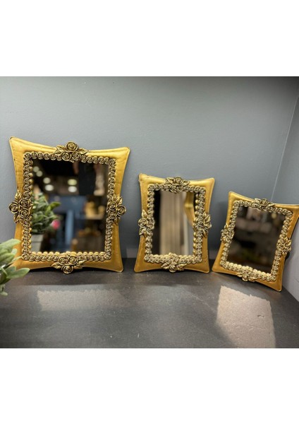 Dekoratif Polyester Üçlü Kare Ayna Takımı Gold Eskitme