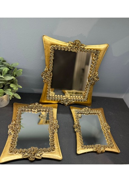 Dekoratif Polyester Üçlü Kare Ayna Takımı Gold Eskitme