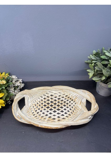 Dekoratif Polyester Tekli Hasır Sunumluk Tepsi Krem Gold Eskitme