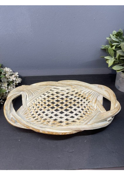 Dekoratif Polyester Tekli Hasır Sunumluk Tepsi Krem Gold Eskitme fiyatları