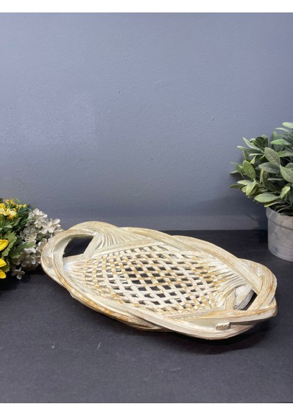 Dekoratif Polyester Tekli Hasır Sunumluk Tepsi Krem Gold Eskitme modelleri