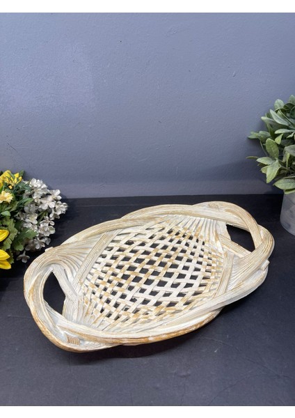 Dekoratif Polyester Tekli Hasır Sunumluk Tepsi Krem Gold Eskitme fırsatları