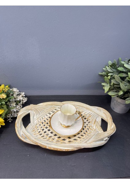 Dekoratif Polyester Tekli Hasır Sunumluk Tepsi Krem Gold Eskitme