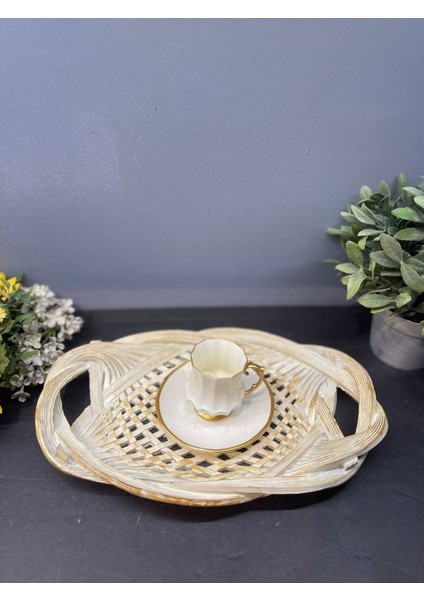 Dekoratif Polyester Tekli Hasır Sunumluk Tepsi Krem Gold Eskitme